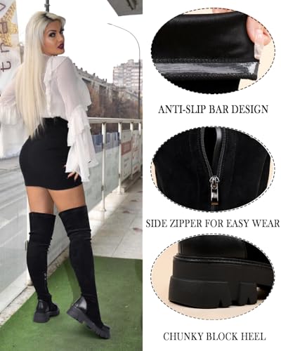 Image of CouieCuies Black Thigh High Boots For Women Platform Over The Knee High Boots Lug Sole Comfortable Stretch Boots 6-11