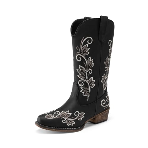 DREAM PAIRS Women's Cowboy Cowgirl Western Mid Calf Boots Square Toe Embroidered Stitched Pull On Country Boots with Low Chunky Heel 6.5 Black