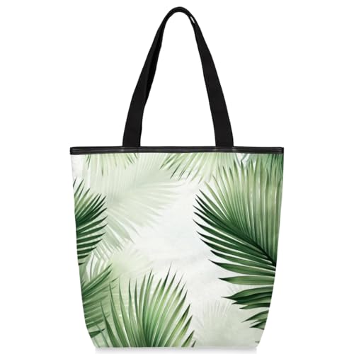 Mularoka Watercolour Tropical Leaves Canvas Tote Bag with Zipper and Pockets Canvas Tote Shopping Bag Women Reusable Grocery Bag for Beach Travel Gym Shopping