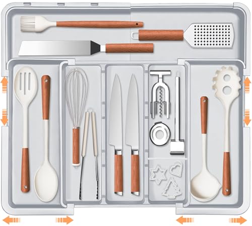 Large Utensil Drawer Organizer Expandable Silverware Organizer for Kitchen Drawer Adjustable Cooking Utensil Holder Cutlery Flatware Tray Spatula Tools Gadgets Storage Dividers Plastic Grey