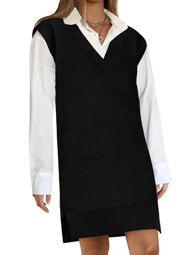 Zeagoo Women's V Neck Sweater Vest Dress Oversized Sleeveless Casual Pullover Sweater Fall Winter Knit Slit Short Dress