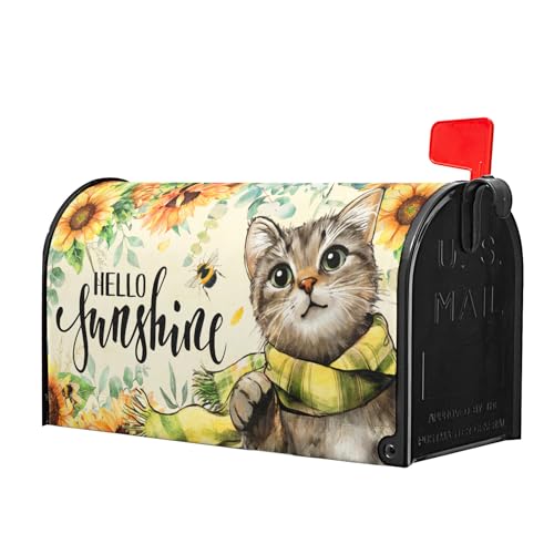 Image of Hello Sunshine Cat Magnetic Mailbox Cover for Garden Yard, Summer Sunflowers Bee Kitten Waterproof Mailbox Wrap Post Cover for Outdoor Outside Patio Decor, Large Size 25.5x21 Inch