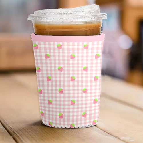 Image of Reusable 3-Pack Iced Coffee Cup Sleeve, Insulated Neoprene, Beverage Holder for Iced Coffee, Durable Drink Sleeve for Cold Beverages, Strawberry Grid