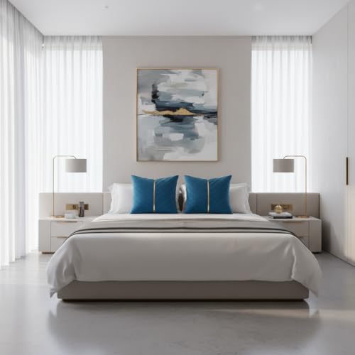 Image of Velvet Throw Pillow Covers 16x16 Pack of 2 Gold Decor Lake Blue