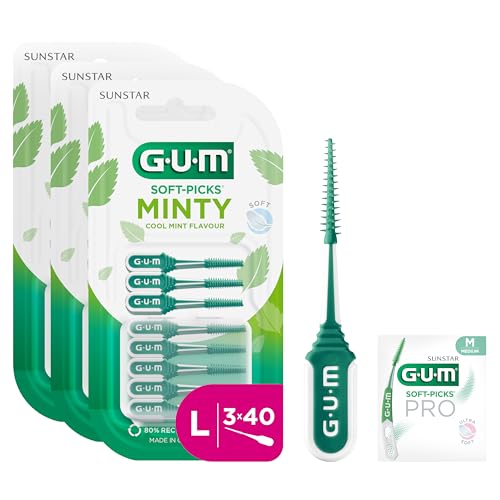 GUM SOFT-PICKS MINTY Palillos interdentales | refrescante sabor a menta | para limpiar los dientes y eliminar la placa | Tamaño L | Multipack de 3x40 (con 1 muestra extra)