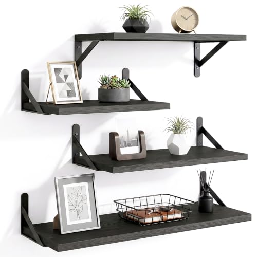 YGEOMER Wall Shelves, Black Floating Shelves Different Sizes for Living Room, Bathroom, Bedroom, Kitchen, Home Decor (Set of 4)
