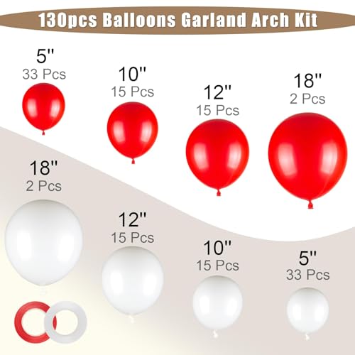Image of 130pcs 18 /12 /10 /5 Inch Red and White Balloons Garland Arch Kit