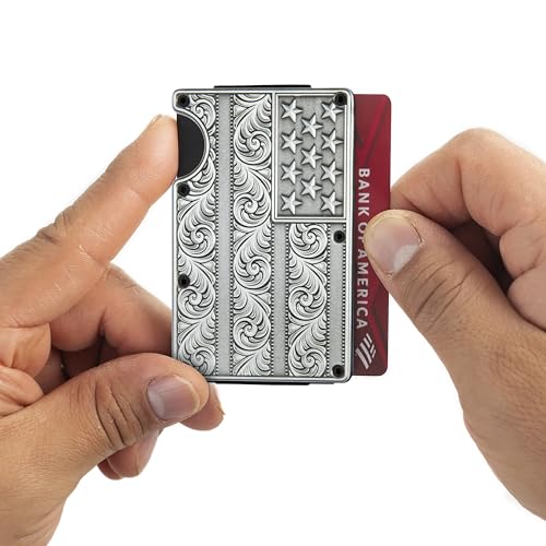 Image of American Flag Wallet Flourish Engraved Silver Metal Cardholder /WITH REMOVABLE Money Clip for Men with RFID Blocking - Slim, Stylish, and Secure Credit Card Holder