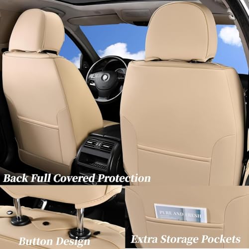 Image of Coverado Car Seat Covers Full Set, Leather Seat Covers Waterproof Car Seat Protectors, Front and Back Seat Covers Automotive Seat Cuhsion Universal Fit for Most Vehicles Beige