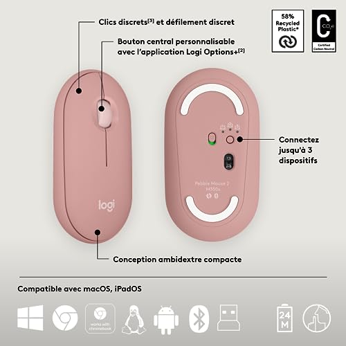 Logitech Pebble Keys 2 K380s Clavier sans Fil Bluetooth FR AZERTY Pebble Mouse 2 M350s Wireless Bluetooth - Rose