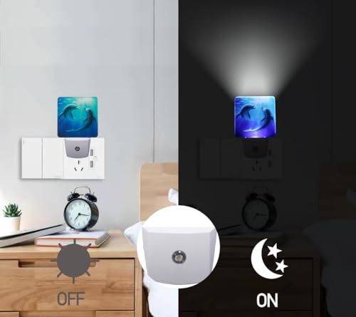 Image of Blue Dolphins Plug-in LED Night Light,Smart Auto Dusk to Dawn Sensor Night lights Plug into Wall, Ocean Animal Nightlight for kids,Energy Efficient Night light for Bedroom,Bathroom,Kitchen,Stairs