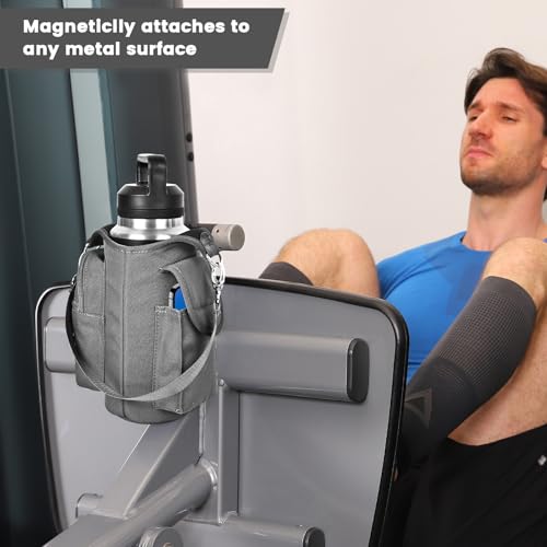 Image of icolor Magnetic Gym Bag Water Bottle Carrier Holder with Phone Pockets & Strap,Nylon Gym Magnetic Bag 5 Built-in Magnets Nylon Gym Accessories Organizer Bottle Pouch Sleeve for Men Women (Light Gray)