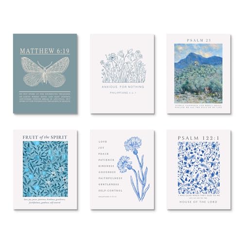 Image of Habseligkeit Blue Butterfly Wall Art Prints, Retro Flower Wall Decors for Room Aesthtic, Abstract Posters for Girls Bedroom Decor Aesthetic Unframed, 8X10in, Set of 6