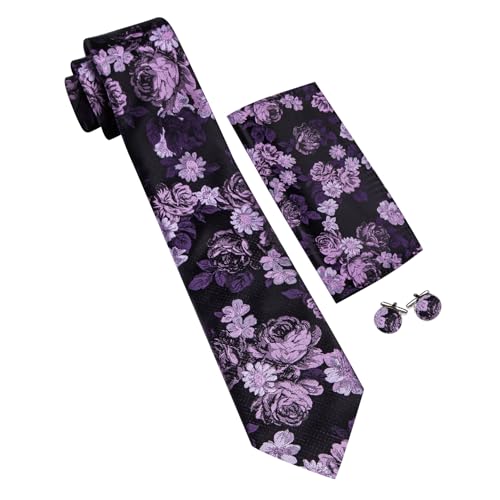 Image of Barry.Wang Flower Ties for Men Silk Woven Floral Tie Sets Necktie Handkerchief Cufflinks Wedding Party