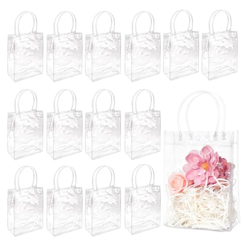 14 PCS Clear Gift Bags With Handles Plastic Party Favour Bags 5.9 x 7.9 x 2.8 Inches Transparent Mini Tote Goodie Bag Bulk PVC Plastic Bags with Handles for Gifts Weddings Birthdays