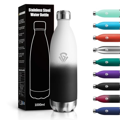 Gourde Isotherme 1L, Gourde Inox Réutilisable Étanche, Bouteille Métal sans BPA Double Paroi, pour Sport, École, Bureau, Gym, Yoga, Camping, Randonnée