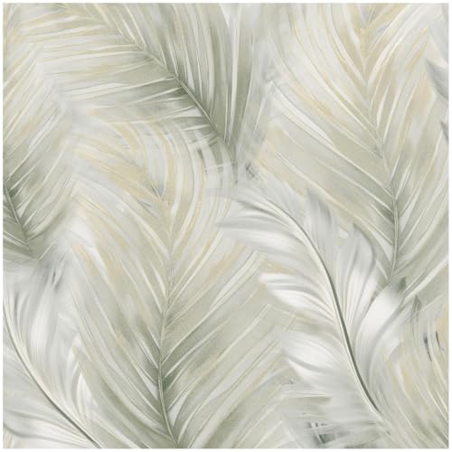 Image of YöL Green Cream Feather Leaf Metallic Wallpaper Roll, Tropical Palm Botanical Wall Covering, Soft Neutral Luxury Design for Bedroom Living Room Feature Wall