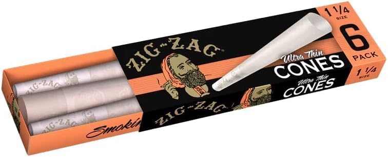 ZIG-ZAG Pre Rolled Cones 1 1/4 Size Ultra Thin (24-6 Packs) - Slow Burning Pre Rolled Cones with Tips & Packing Tubes Included - Natural Fibers Rolling Paper (144 Cones) 24 Count (Pack of 6)