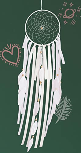 DeinKaufladen Traumfänger Weiss mit Holzperlen und natürlichen Federn - handgemachte Dekoration im Boho Style - 80 cm Lange Fensterdeko hängend Cover