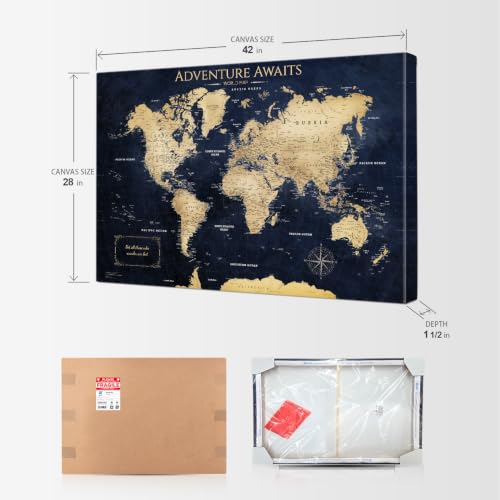 Image of IPIC Vintage Teal World Maps for Wall, World Map Canvas, Size 42x28 in