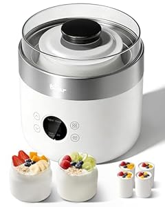 Bear Joghurtbereiter Joghurt- und Frischkäsebereiter, inkl. 4 Keramik Portionsbecher à 125 ml, 2 XXL Glasbehälter à 1 Liter, 4 voreingestellte Programme für Griechischer Joghurt, Käse