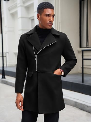 Runcati Mens Trench Coat Notch Lapel Zip Up Overcoat Casual Winter Long Business Pea Coat2