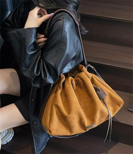 Women Suede Vegan Leather Crossbody Bag Large Ruched Shoulder Handbag Retro Hobo Tote Satchel Drawstring Top Handle2