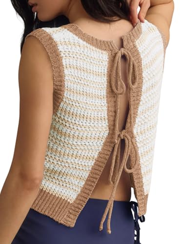 Yousify Womens Crochet Chunky Knit Tops Striped Sweater Vest Sleeveless Sweater Cardigan Bow Tie Open Front Tank Tops2