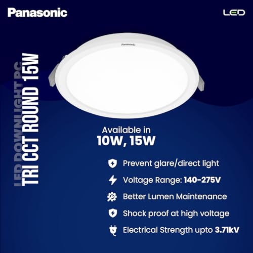 Panasonic 15W 3 in 1 Colour Downlight, Tri Colour Rund False Ceiling Light for Home, 100mm Cutout (Cool, Natural & Warm White - PDLM0115CNW)