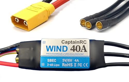 captainrc 40A ESC with 5V 6V/4A BEC 2-4S Electric Speed Controller with XT60 & 3.5mm Bullet Plugs for Fixed Wing Airplane/RC Drone Airplane/Brushless Motors
