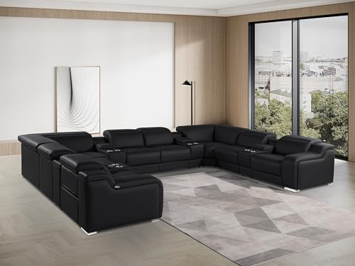 Blackjack Furniture Ibero 12-Piece Top Grain Italian Leather Sectional Reclining Sofa Set with 4 Power Recliners, Power Adjustable Headrests, USB and Wireless Phone Charger and Console Storage, Black