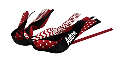 Sports Name Ponytail Bows, Customizable Cheer Streamer, Red Black White, Track Cross Country and Volleyball Hair Ties with School Name