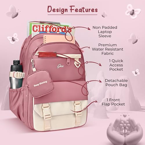 Image of Gear Grace 19 inch /40L Large Water Resistant School Bag | Casual Backpack | Daypack | Travel Backpack | Kids Bag for Boys /Girls (Pink - Cream)