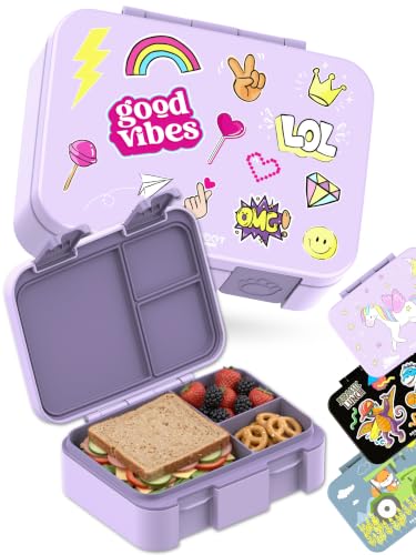 Image of BEARFOOT Kids Lunch Box with Compartments - Compact & Lightweight | Leak-Proof, BPA-Free, Dishwasher Safe | Hand-Drawn Design for Preschool, School, Travel (Sticker Purple, 2.75 Cups)