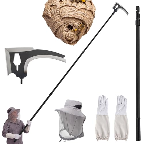Gulfmew 3 PCS Wasp Nest Removal Tool Set 100 Inch Extendable Pole with 3-Edge Scraper Beekeeper Hat & Leather Gloves for Safe Removal of Hornet Wasp & Bee Nests