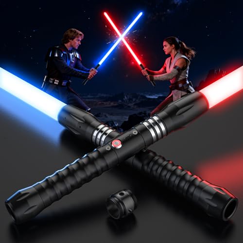 FlyQintess Sable de luz RGB 24 cores, 102 cm sabre laser com USB recarregável face pega de metal vibrante, espada com som FX para presentes de Natal Halloween (2 unidades)