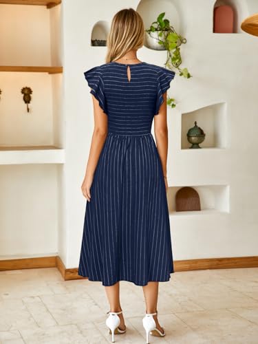 Image of Simplee Womens Striped Midi Summer Dress Linen Smocked Flutter Short Sleeve Dress Flowy Casual Dress with Pockets