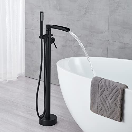 Qinkell Freestanding Bathtub Faucet Waterfall Tub Filler Black Floor Mount Brass Bathroom Tub Faucets With Hand Shower #TOP2