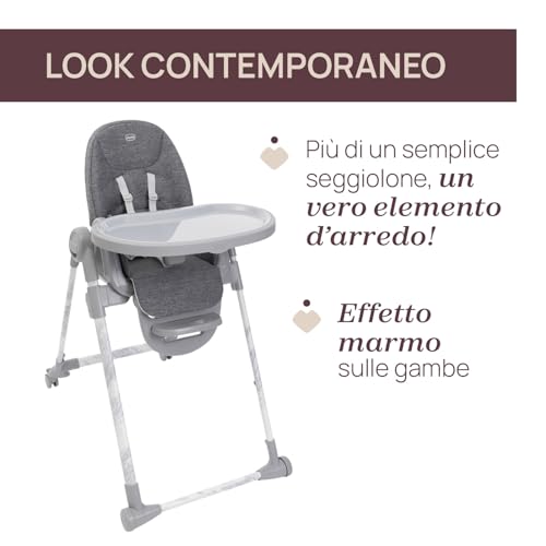 Chicco Polly Armonia Seggiolone Evolutivo Pappa per Bambini da 0 Mesi a 40 kg, Sedia Evolutiva, Seggiolone Reclinabile a Sdraietta con Altezza e Poggiapiedi Regolabili, 4 Ruote, Compatto, Grigio - 8