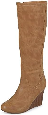 Womens Regular and Wide Calf Round Toe Faux Leather Mid-Calf Wedge Boots