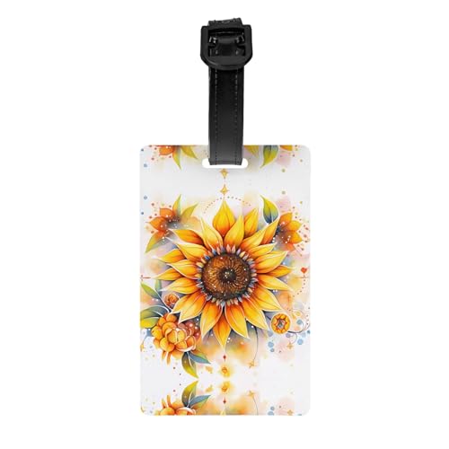 Etiquetas de equipaje con estampado de girasol amarillo en aceite con cubierta de privacidad trasera completa, etiqueta de identificación de PVC para maletas, mochilas y bolsas de viaje