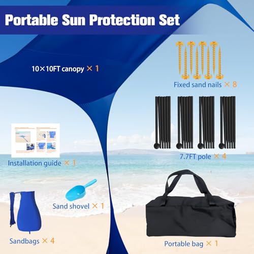 besuhot Beach Tent Sun Shelter 10x10FT Beach Shade Canopy with 8 Sandbags, UPF 50+ Protection Beach Shade Canopy, Outdoor Tent for Beach Camping Trips - Image 7