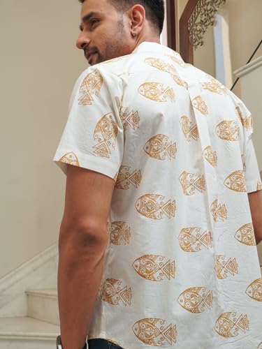 Image of Yellow Fish Print on White Cotton Shirt for Men | All-Day Casual Comfort - Breathable cotton blend fabric engineered for premium softness and durable everyday wear.