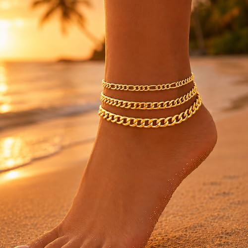 Image of iF YOU Gold Ankle Bracelets for Women, 14k Gold Plated Waterproof Cuban Link Chain Anklets Set, Layered Anklet Bracelets for Women Beach Gift Adjustable Size 5pcs
