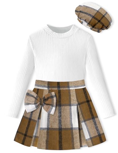 DONWEN Girls Clothes Size 10 9 Girls Clothing 9-10T Girl Size 10 Outfits Long Sleeve White Top Brown Plaid Mini Skirt Shorts Beret Cute Girl's Clothes Fall Winter Thanksgiving Outfits for Girl 9-10T