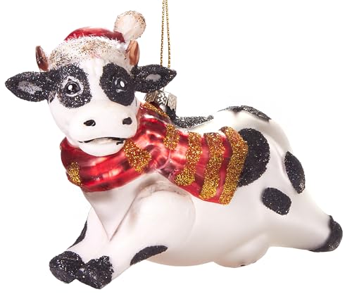 BRUBAKER Kuh Weihnachtskugel aus Glas mit Weihnachtsmütze und Schal - Handbemalt & Mundgeblasen - Bauernhof Christbaumschmuck Figuren lustig Deko Anhänger Baumkugel - 11 cm