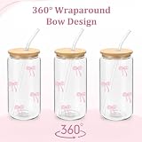 Mikopei Coquette Aesthetic Glass Cups with Lids and Straws - Pink Bow Iced Coffee Cup Decor, Cute Tumbler Smoothie with Cleaning Brush&Gift Box, Gifts for Girls Women Friends, 16 oz