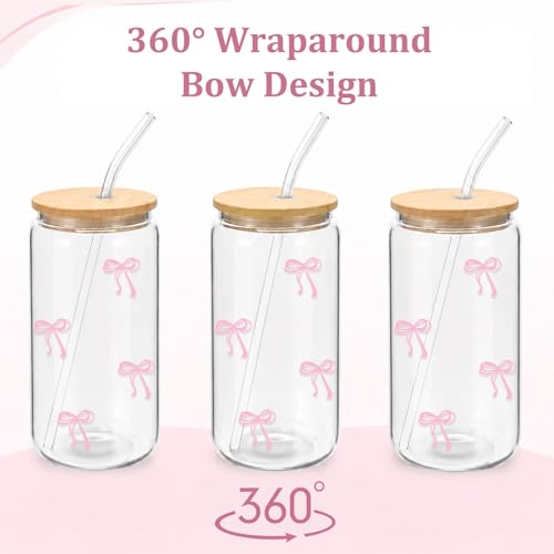 Mikopei Coquette Aesthetic Glass Cups with Lids and Straws - Pink Bow Iced Coffee Cup Decor, Cute Tumbler Smoothie with Cleaning Brush&Gift Box, Gifts for Girls Women Friends, 16 oz