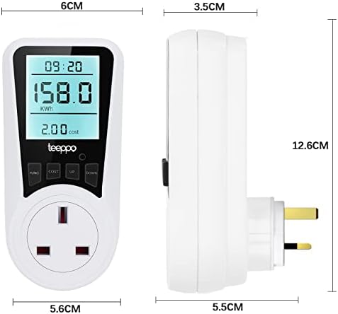 Electric Usage Monitor 2 Pcs, Besvic Energy Monitor with Backlight LCD Display, 7 Monitoring Modes Power Meter, Voltage Amps Wattage KWH Consumption Monitor, 2900W/13A Overload Protection, UK Plug