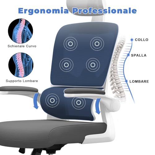 naspaluro Sedia Da Ufficio Ergonomica Con Supporto Lombare Adattativo a Forma Di C, Poggiatesta Regolabile, Braccioli Ribaltabili, Poltrone Ufficio a Rete Traspirante per Scrivania, Casa,Grigio Scuro - Immagine 2